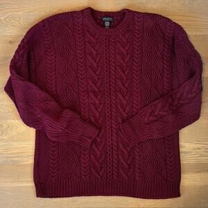 VTG 80s Express Heavyweight Cable Knit Crewneck Sweater Maroon Mens Size Large